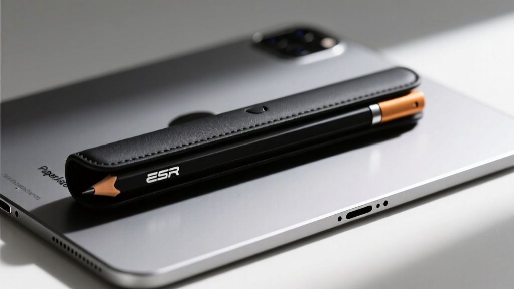 Close-up of a black ESR magnetic stylus case securely holding an Apple Pencil Pro against the aluminum edge of an iPad with a Paperlike protector