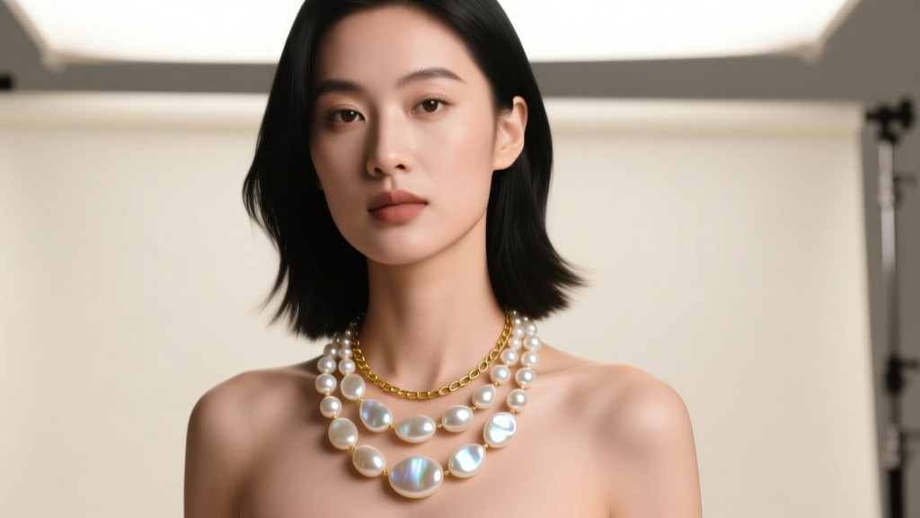 Model wearing layered freshwater cultured pearl necklace with baroque shapes and 14k gold paperclip chain, soft studio lighting.