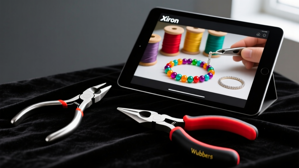 Close-up of Xuron micro-shears and Wubbers nylon jaw pliers on dark velvet next to a tablet showing a beading class