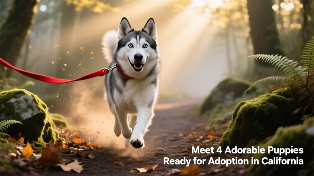 Athena, a fluffy gray-and-white Husky mix, trotting happily on a forest trail with a leash and bright eyes