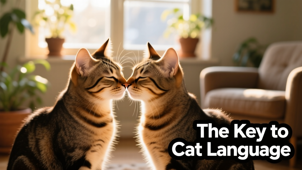 two tabby cats gently head-bumping, eyes half-closed, exchanging scents