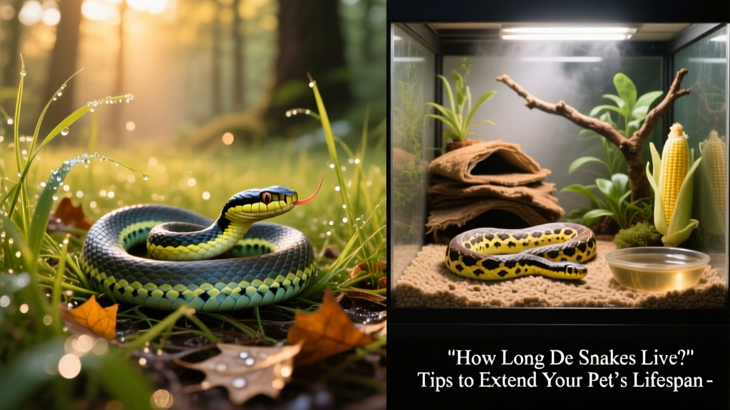 Side-by-side comparison of a wild garter snake in grassy habitat and a captive corn snake in a clean, enriched enclosure