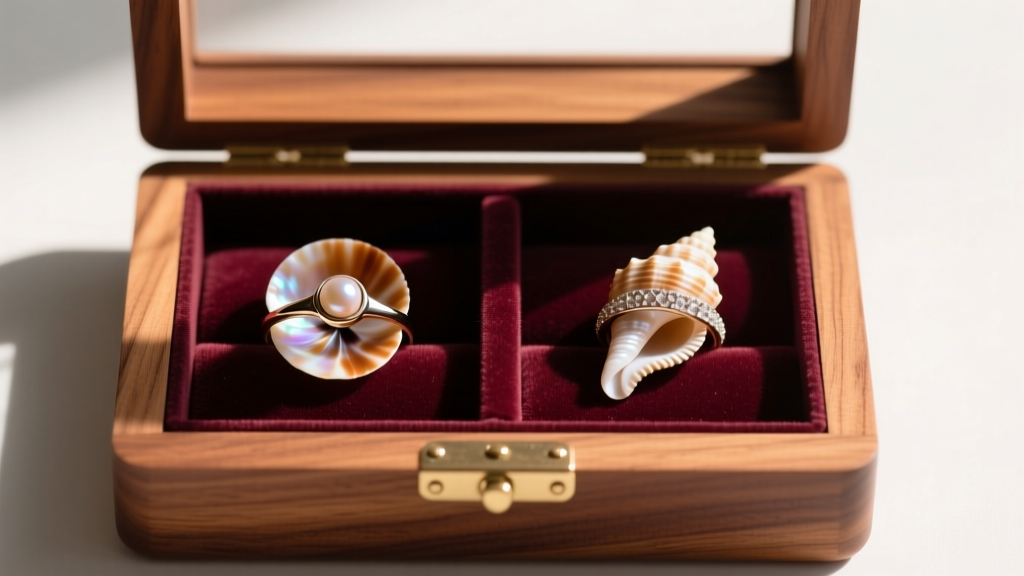 Open cedar box with velvet lining, displaying separated puka shell and conch shell rings in individual, softly lit compartments.