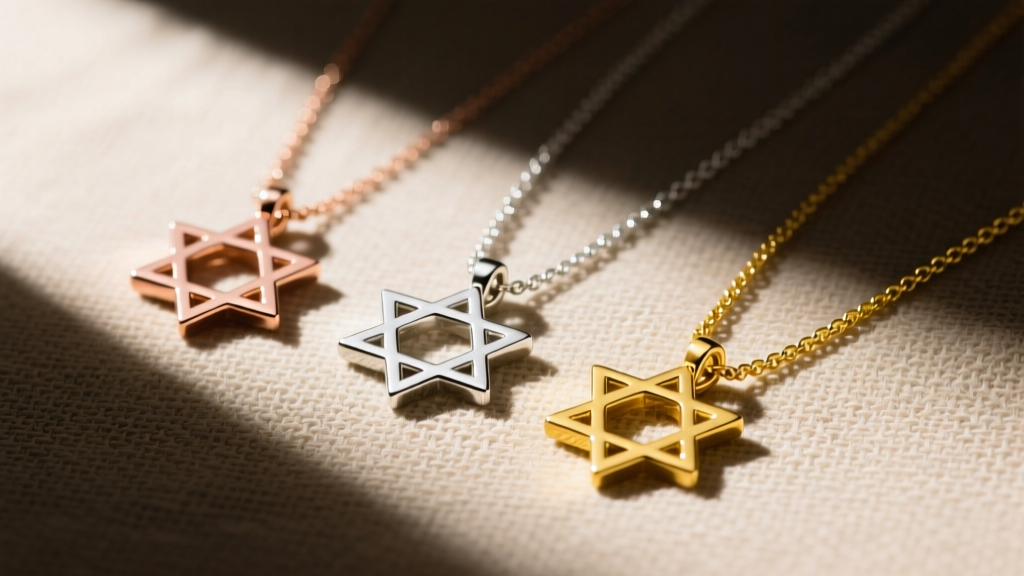 Flat lay of three Star of David necklaces in rose, white, and yellow gold on raw linen with sunlight casting sharp, dark shadows.