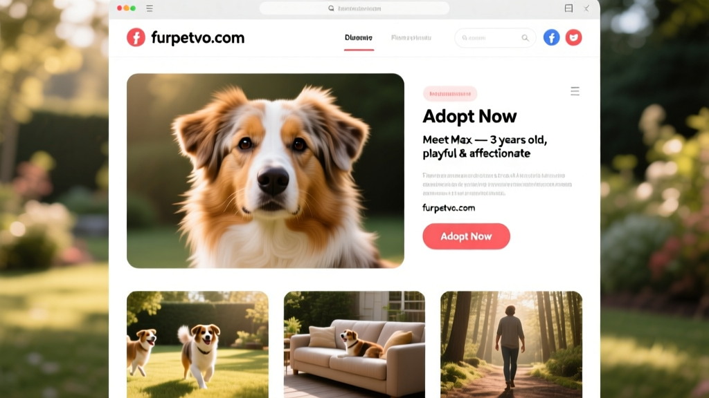 Screenshot-style image showing a friendly Australian Shepherd profile page on furpetvo.com with photos, bio, and 'Adopt Now' button