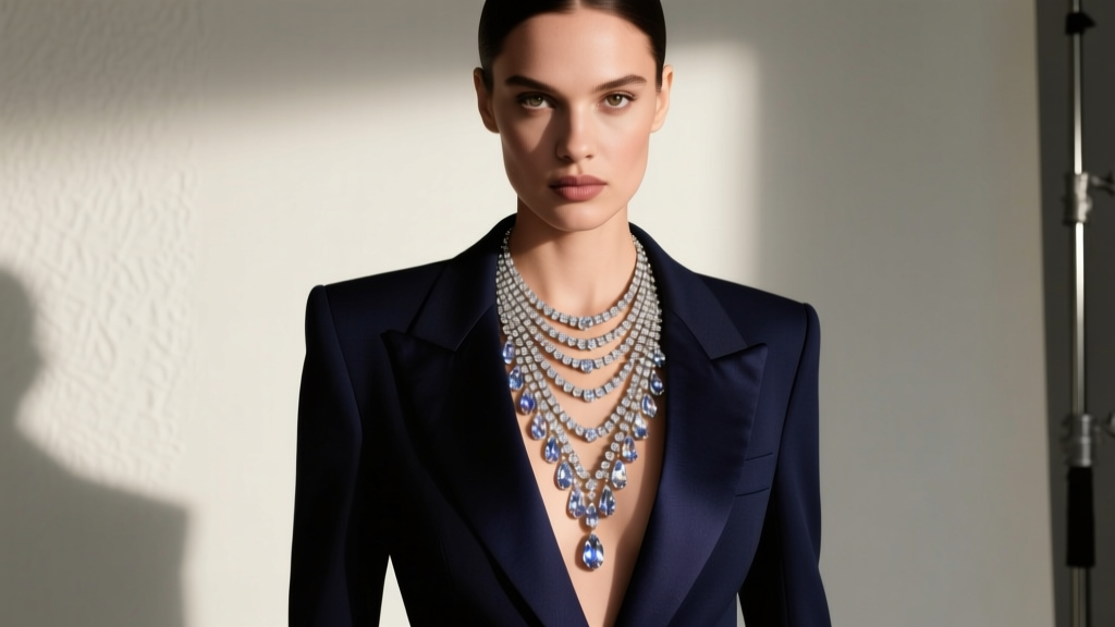 Editorial portrait of a model wearing a bold multi-strand crystal fringe necklace over a structured deep-V tailored blazer suit