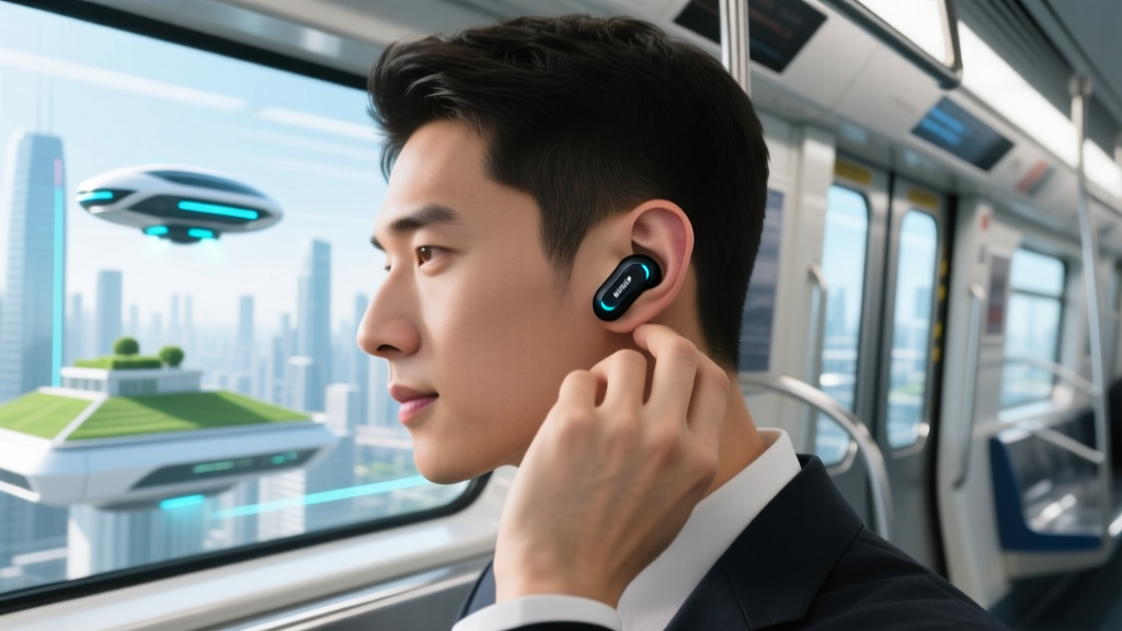 Close-up of a man adjusting the Anker Soundcore Life P3 earbuds in his ear while commuting on a modern subway train in 2026