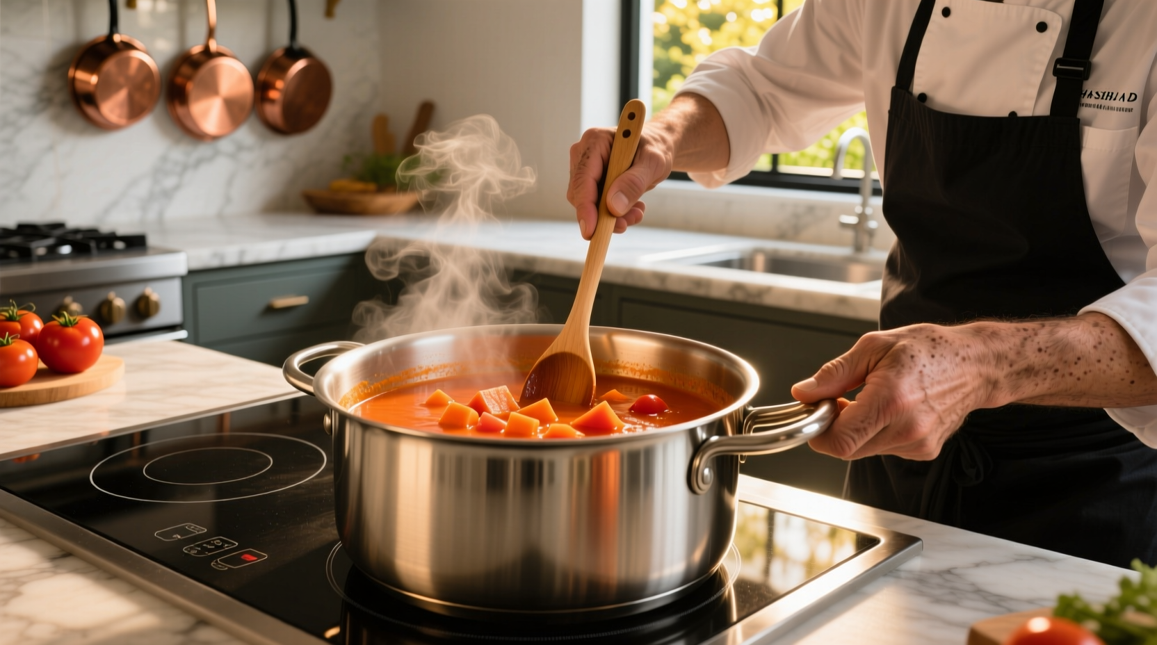 Chef preparing vibrant carrot tomato soup in stainless steel pot