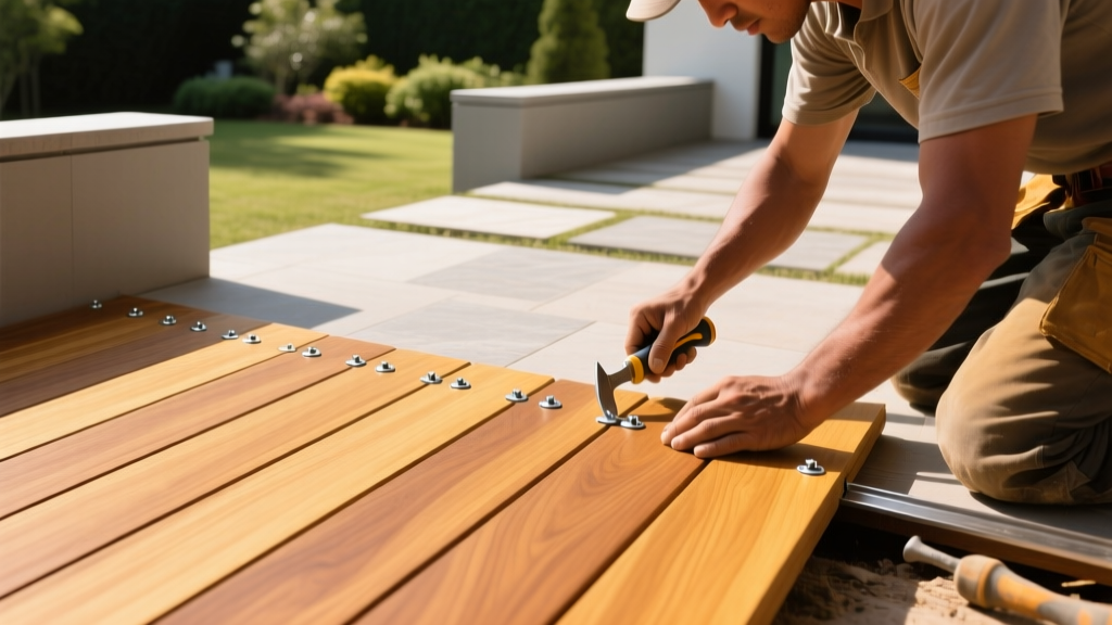 Contractor securing golden-brown Burmese teak wood decking boards with stainless steel hidden fasteners on a sunny outdoor patio