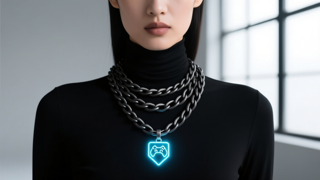 A model wearing a layered necklace stack featuring a dark steel cable chain and a light-up gaming pendant over a black turtleneck.