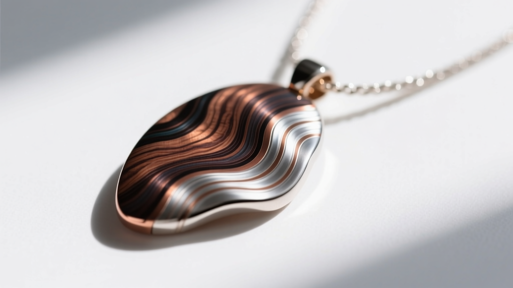Macro photo of a mokume-gane Japan necklace pendant showing wood-grain patterns in dark shakudo copper and bright sterling silver