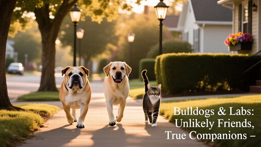 Three pets—Bulldog, Labrador, and cat—walking side-by-side down a tree-lined sidewalk