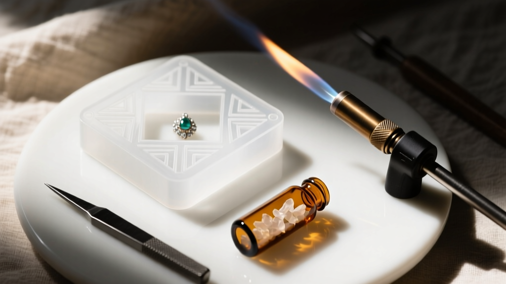Overhead shot of jewelry tools: a silicone bezel mold, a glass lampworking torch, and a small glass vial of fine white cremains