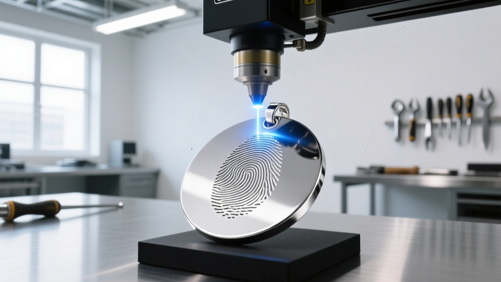 Macro shot of a laser engraver etching a fingerprint onto a flat 925 sterling silver memorial pendant disk in a bright workshop.