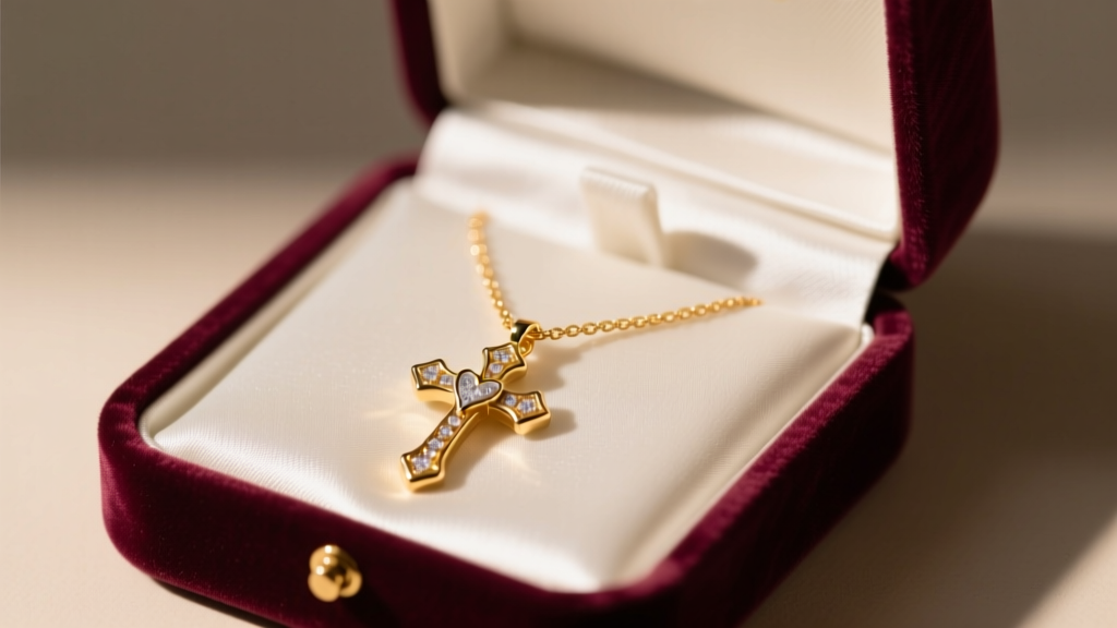 Elegant open velvet jewelry box revealing a polished 14k gold heart cross necklace resting on white satin, soft warm lighting