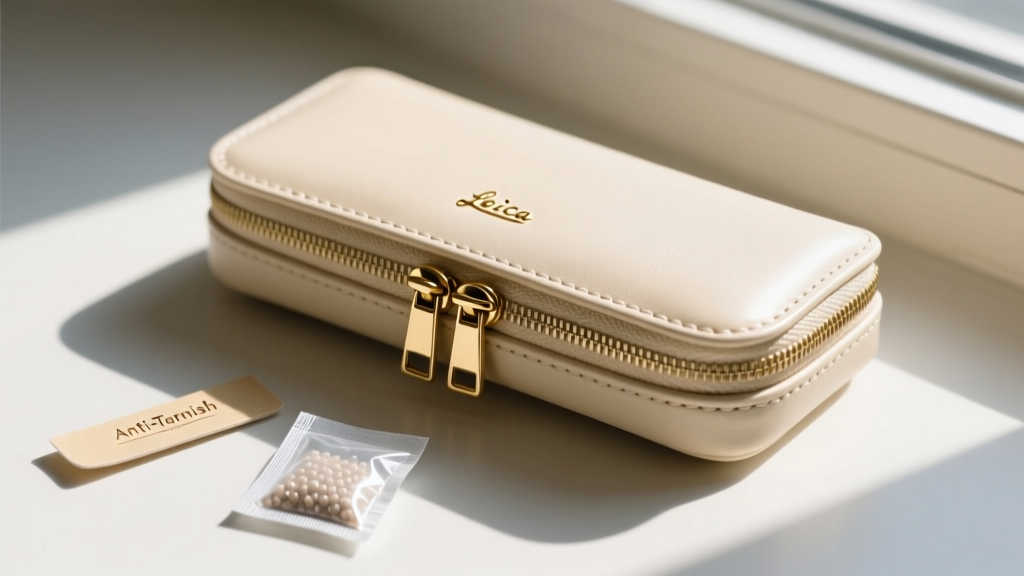 Anti-tarnish strip and silica gel packet placed in the corner of a cream leather travel jewelry case with a brass zipper pull.