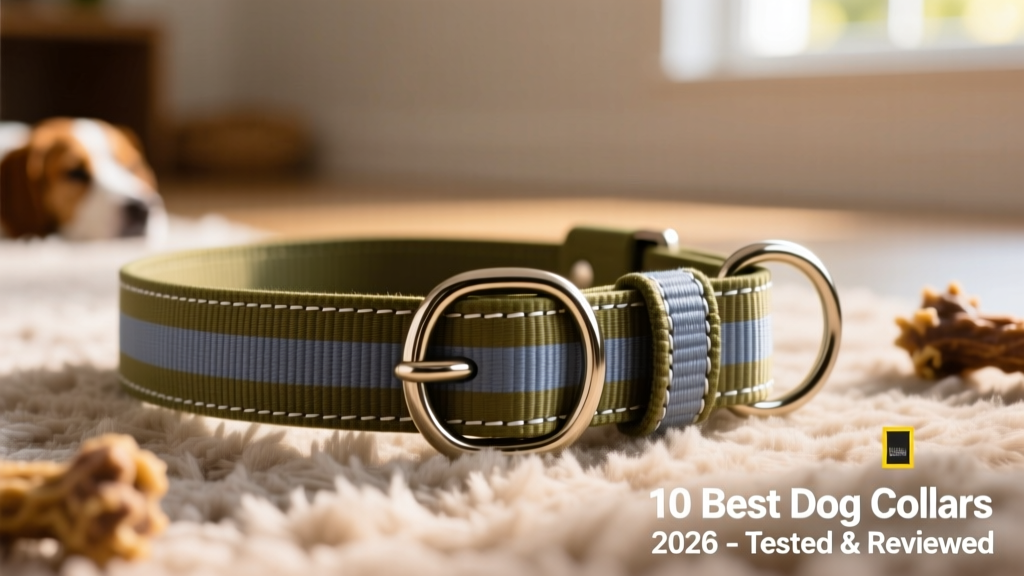 Close-up of an olive and blue-gray striped dog collar with reflective stitching and two D-rings