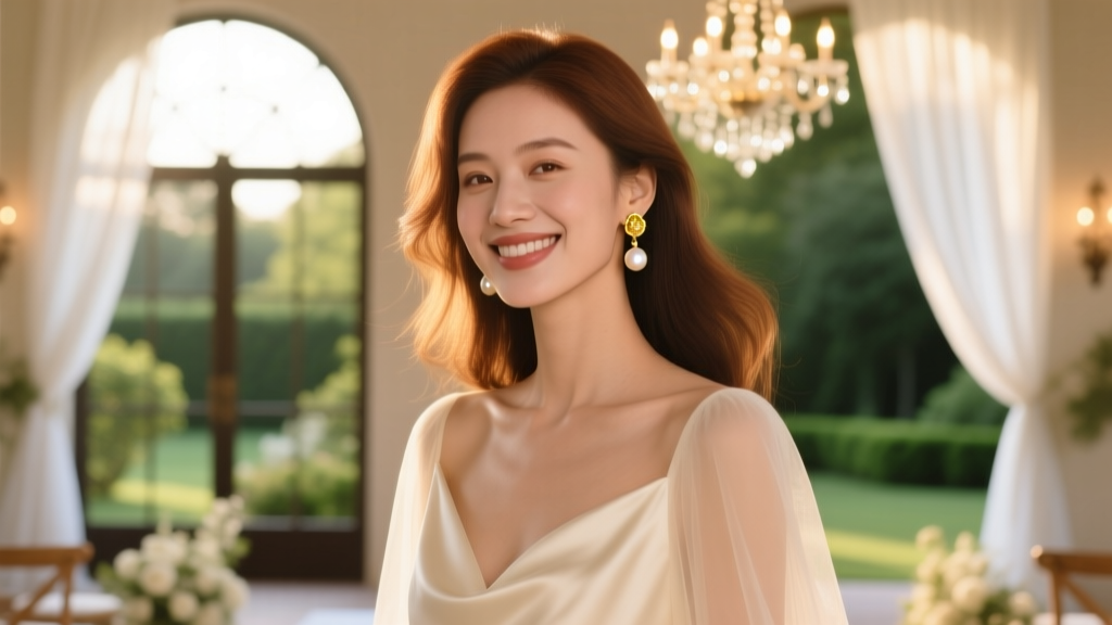 Elegant woman wearing lightweight 18k gold and pearl drop earrings, smiling softly in warm golden-hour wedding venue lighting