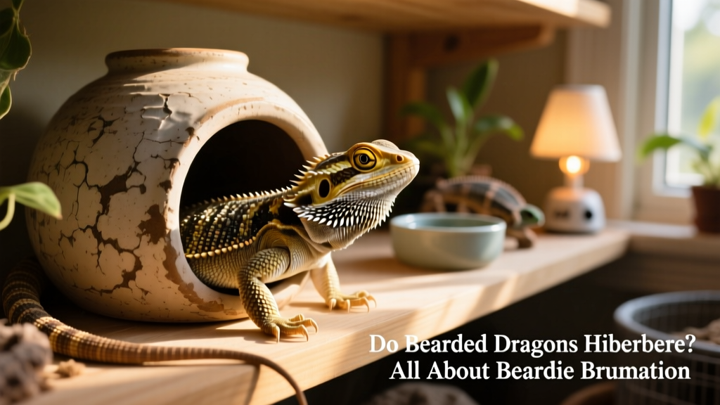 A bearded dragon partially emerged from a textured ceramic hide, alert but calm