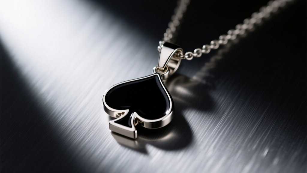 Macro shot of a steel playing card necklace pendant with a black enamel spade symbol resting on a dark brushed metal surface.