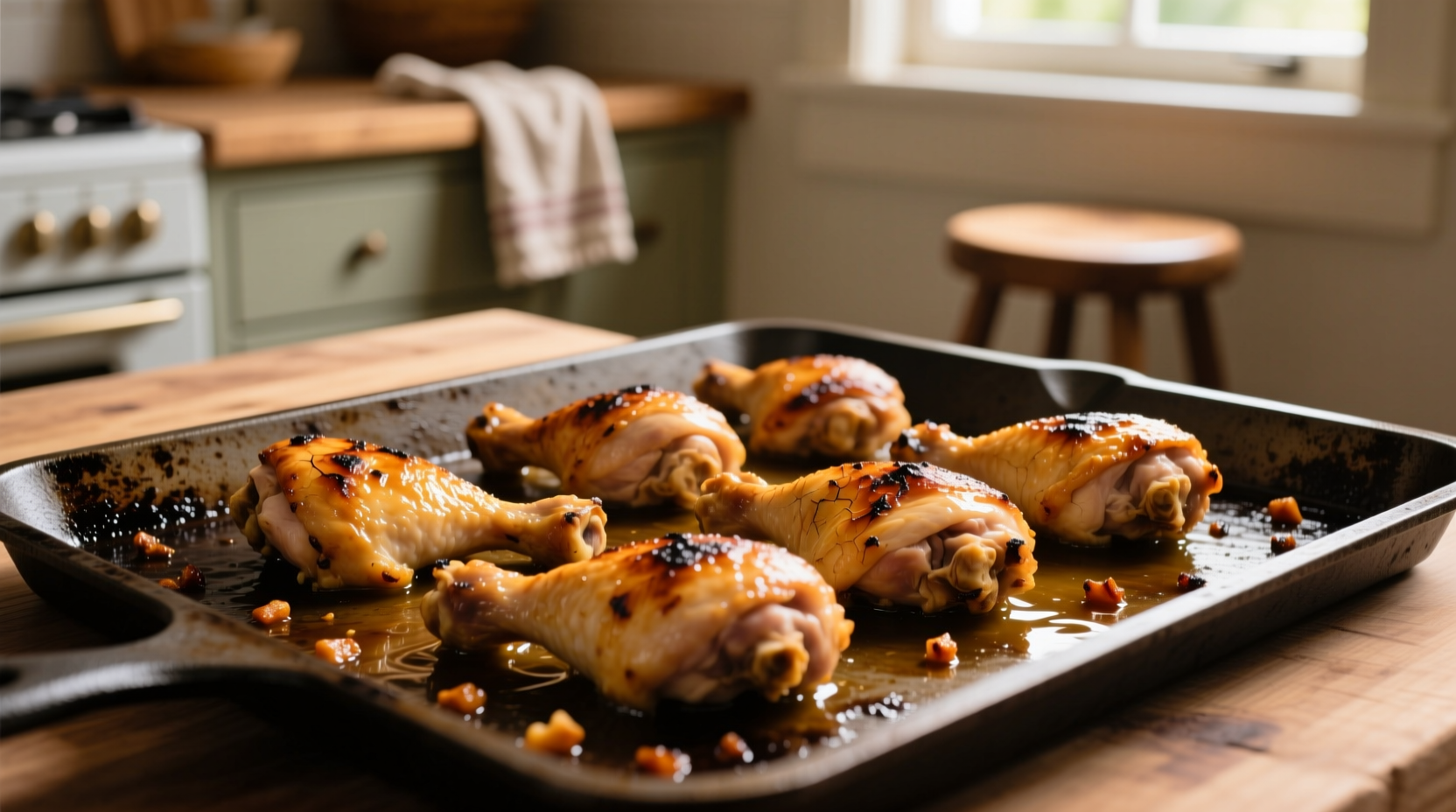 Crispy golden brown chicken thighs on baking sheet