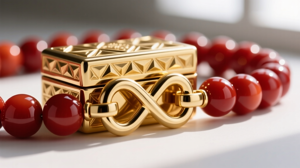 Macro shot of a heavy-duty gold box clasp with a figure-eight safety catch securing a thick strand of polished red coral beads.