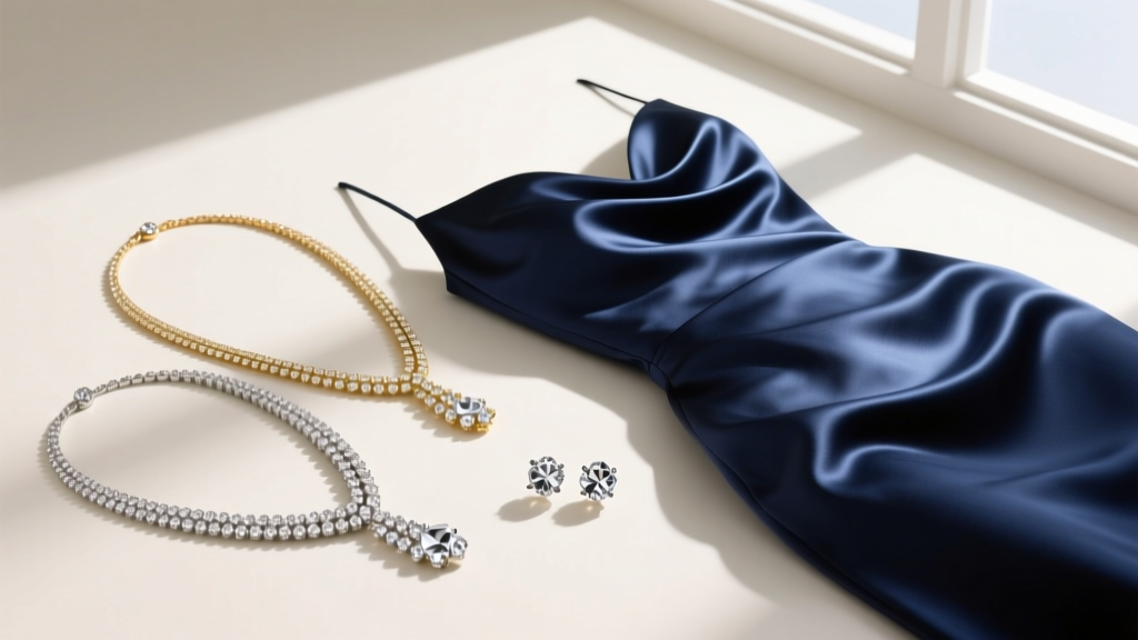 Flat lay of three long rhinestone necklaces in silver and gold, arranged next to a silk evening gown and crystal stud earrings