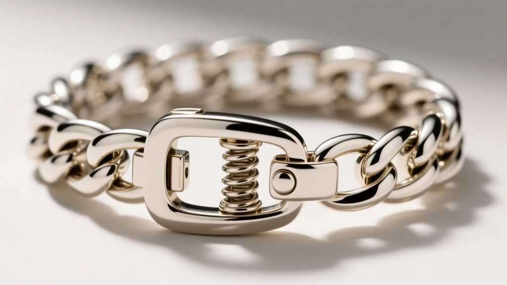 Close-up of a hinged saddle clasp on a white gold Cuban link hoop, showing the internal spring mechanism and secure locking tab