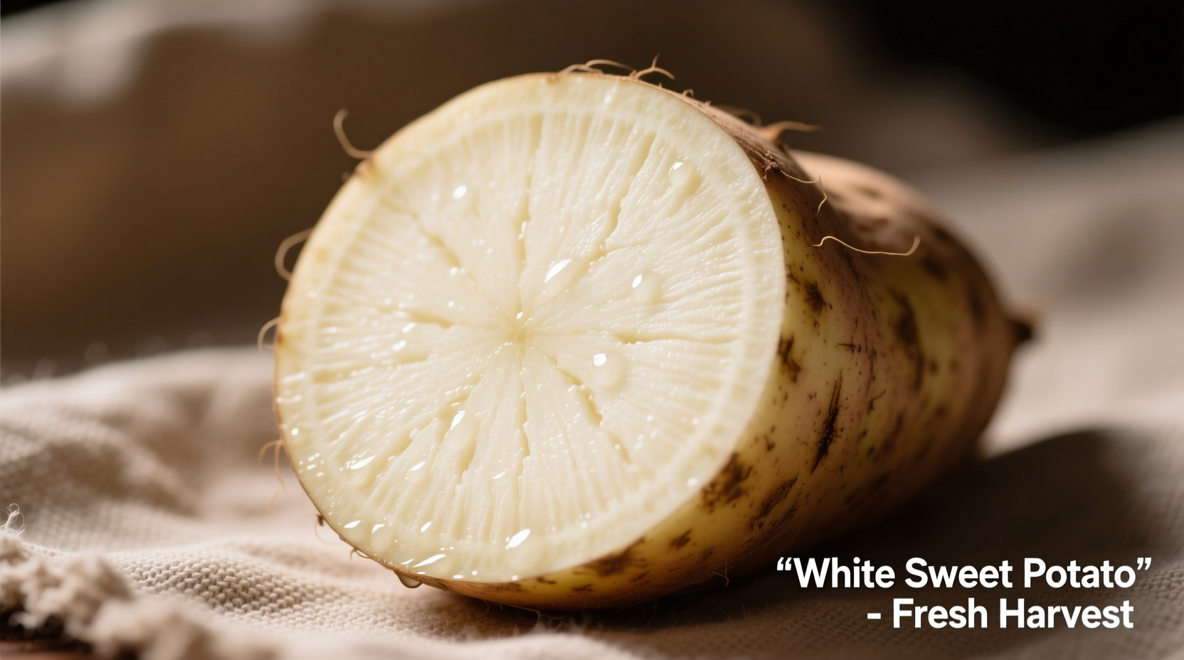 Cross-section of white sweet potato showing pale interior