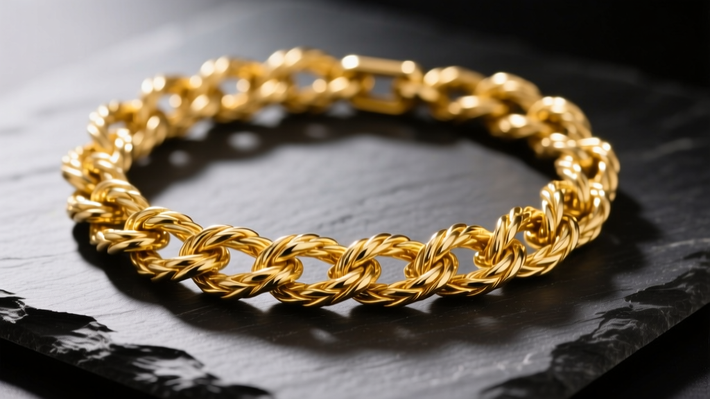 A severely tangled 18k yellow gold rope chain resting on a dark slate surface, illuminated by soft, directional studio lighting.