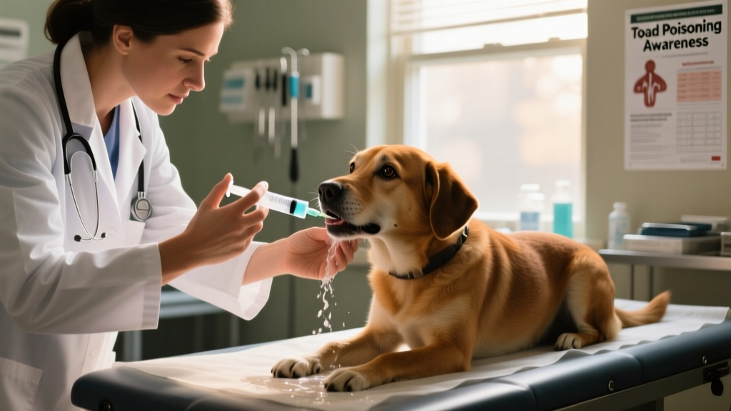 Veterinarian gently rinsing a dog's mouth with saline solution during emergency care