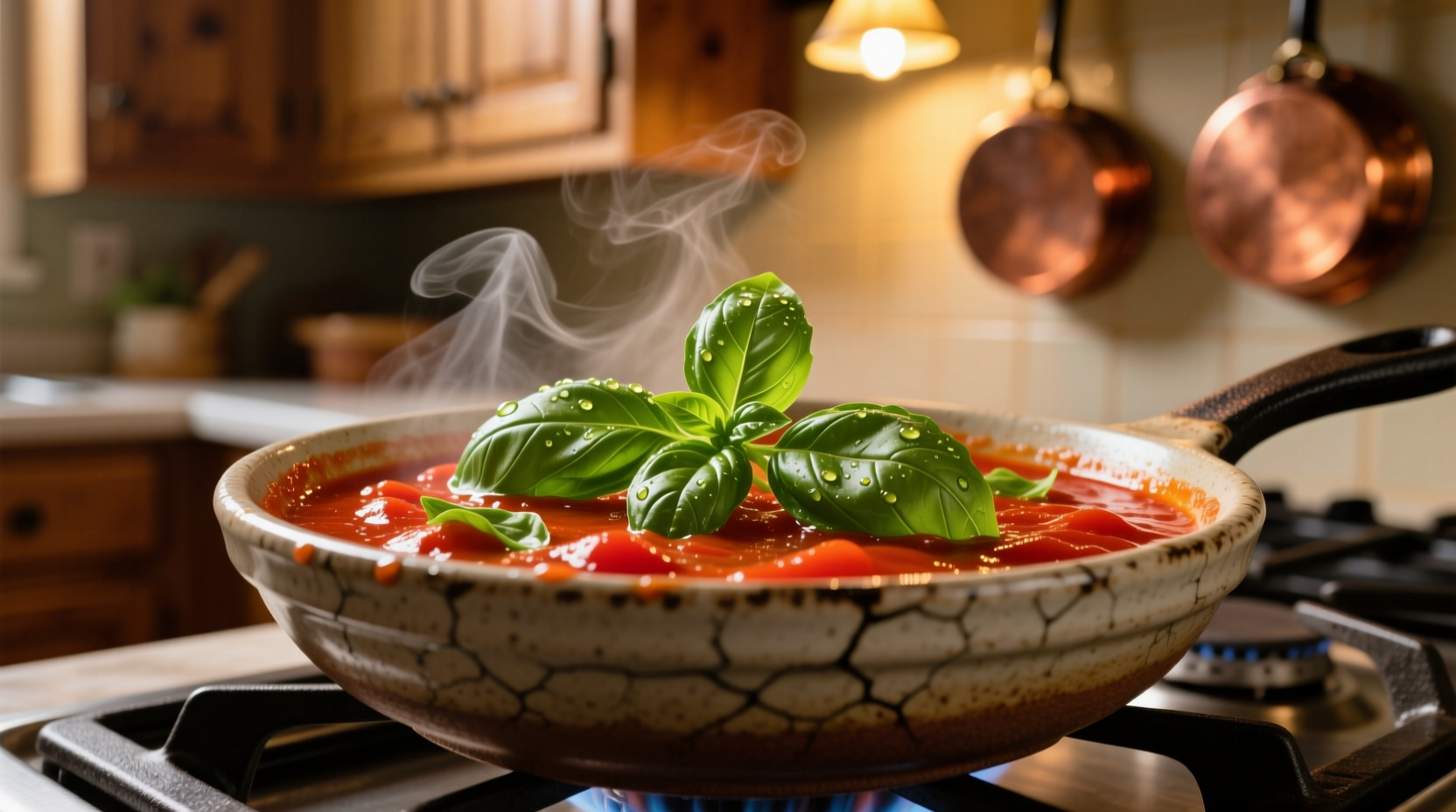 Fresh basil leaves in tomato sauce