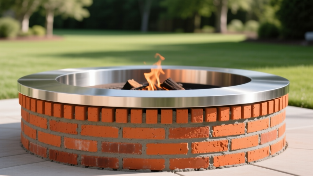 Close-up of a circular backyard fire pit lined with high-duty orange fire clay bricks and refractory mortar, with a stainless steel cap