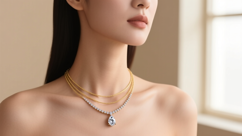 Woman wearing a pear shape diamond necklace layered with a thin gold chain, photographed against a warm neutral beige background.