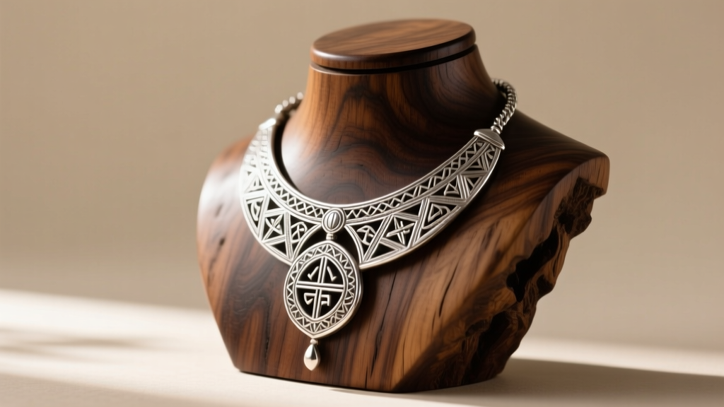 Side view of a traditional Ethiopian Tcherot silver amulet necklace with intricate filigree engravings displayed on a wooden bust