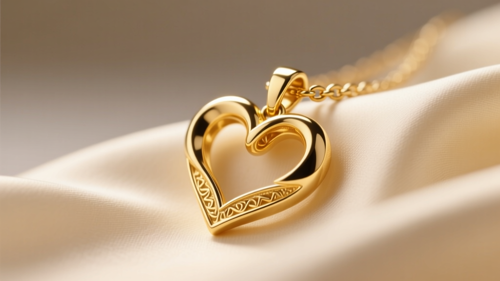 Close-up of an 18k yellow gold interlocking heart pendant on cream silk fabric, illuminated by warm directional studio lighting.