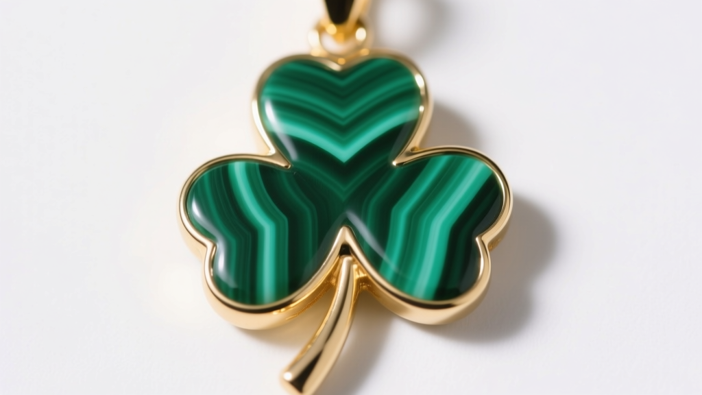 Macro shot of malachite 4 leaf pendant inlay showing vivid green banding and a smooth 14k gold bezel under bright studio lighting