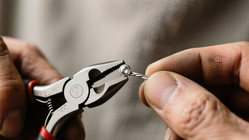 Close-up macro shot of a jewelry maker using crimping pliers to secure a 2x2mm sterling silver crimp bead over a wire guardian.