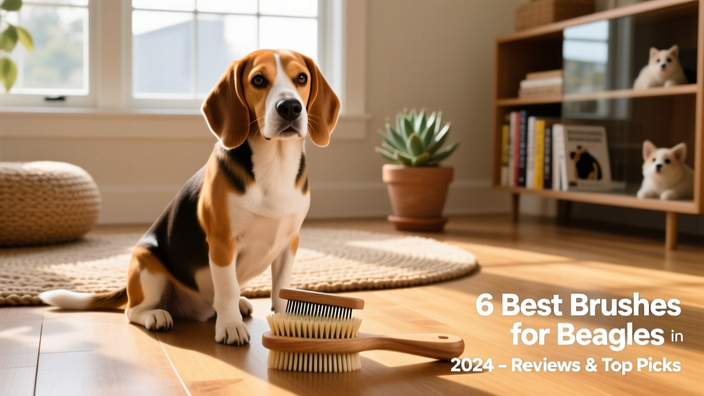 A Beagle sitting calmly while being brushed with a bristle brush, showing a shiny, well-groomed coat