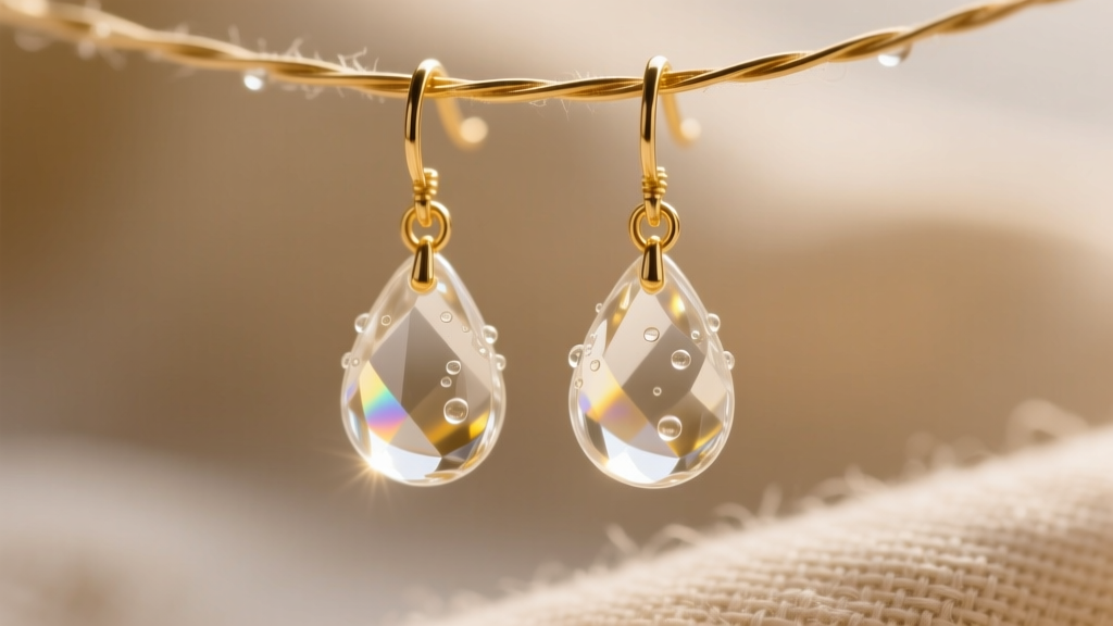 Macro shot of clear quartz water droplet earrings on gold wire, catching soft light against a blurred beige linen background.