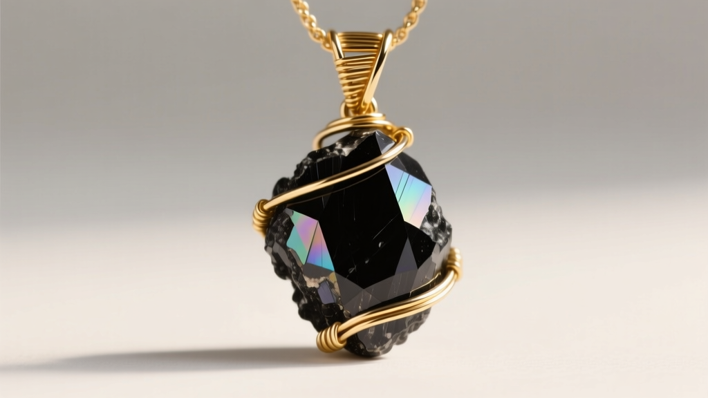 Macro photography of a raw black tourmaline pendant wrapped in 14k gold-filled wire, highlighting the stone's striated texture and metallic inclusions
