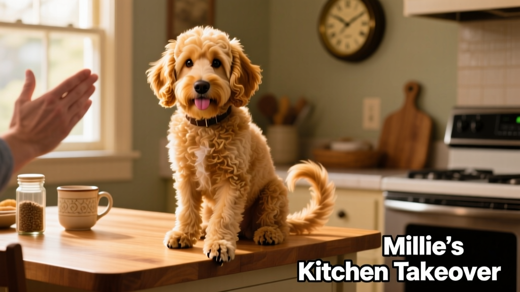 Watch Goldendoodle Millie Hysterically Ignore Her Mom's Pleas to Get Off the Kitchen Table