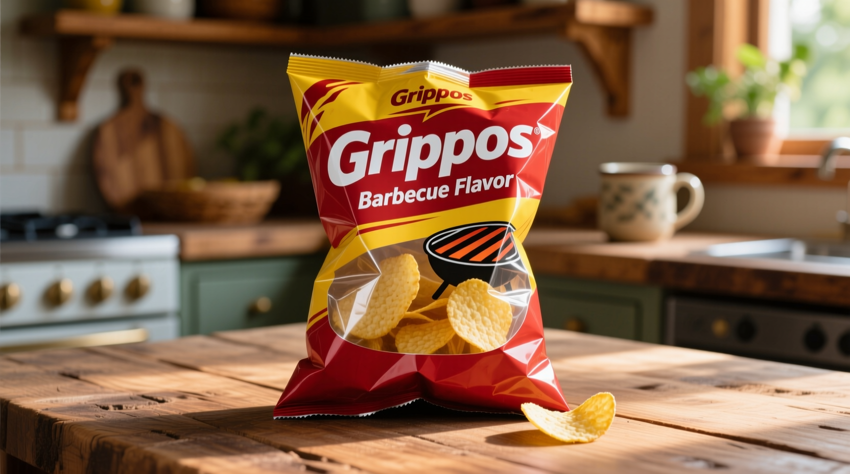 Grippos barbecue potato chips bag on wooden table