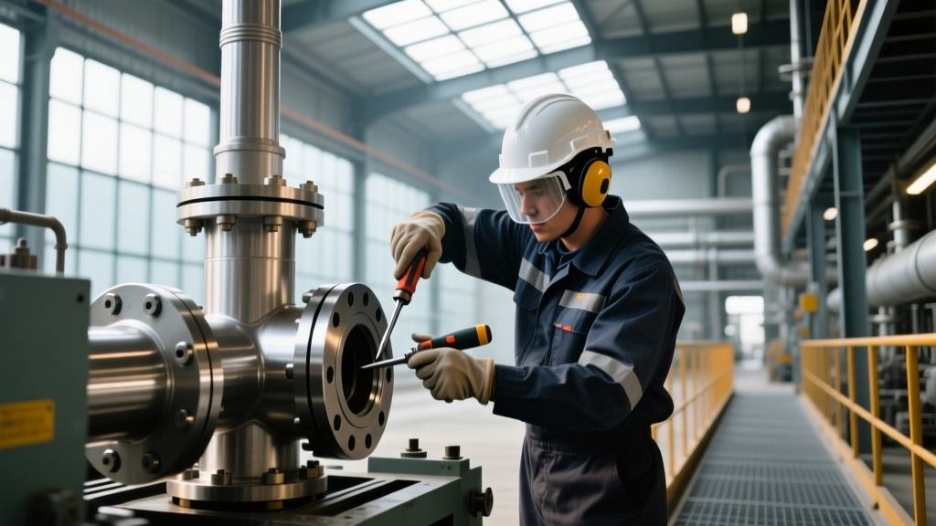 Technician operating a portable flange facing machine on a high-pressure oil and gas valve in a refinery setting