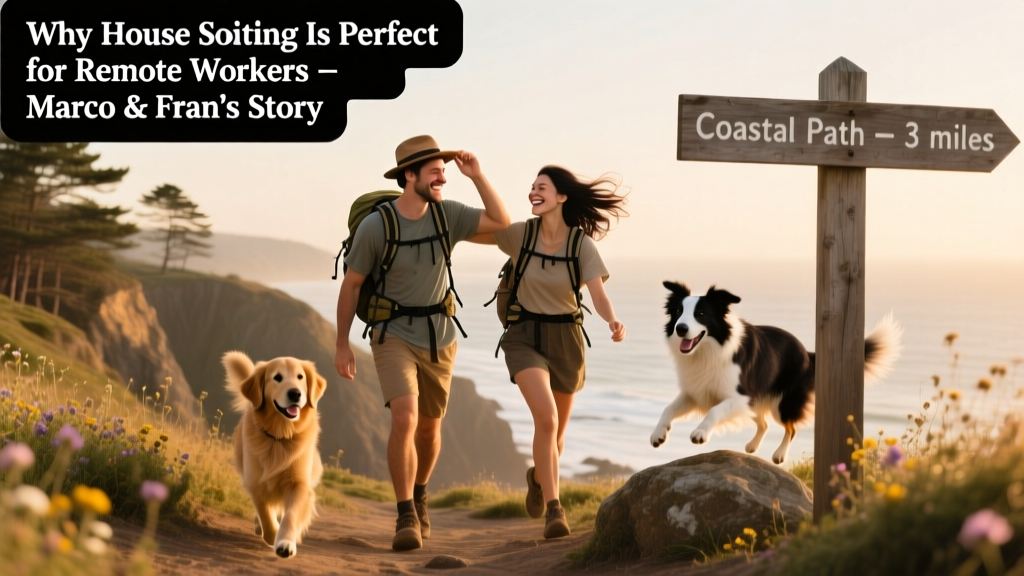 Marco and Fran hiking a coastal trail with two friendly dogs, backpacks on, wind in their hair