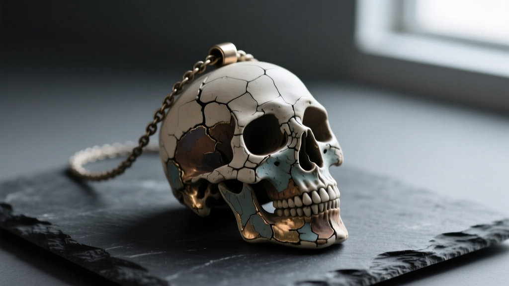 Close-up of a weathered DIY mens skull necklace made of painted polymer clay resting on a dark slate surface under moody lighting.