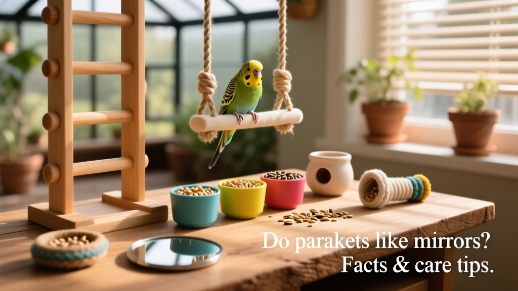 A variety of bird-safe toys displayed neatly: wooden ladders, cotton rope swings, and foraging cups