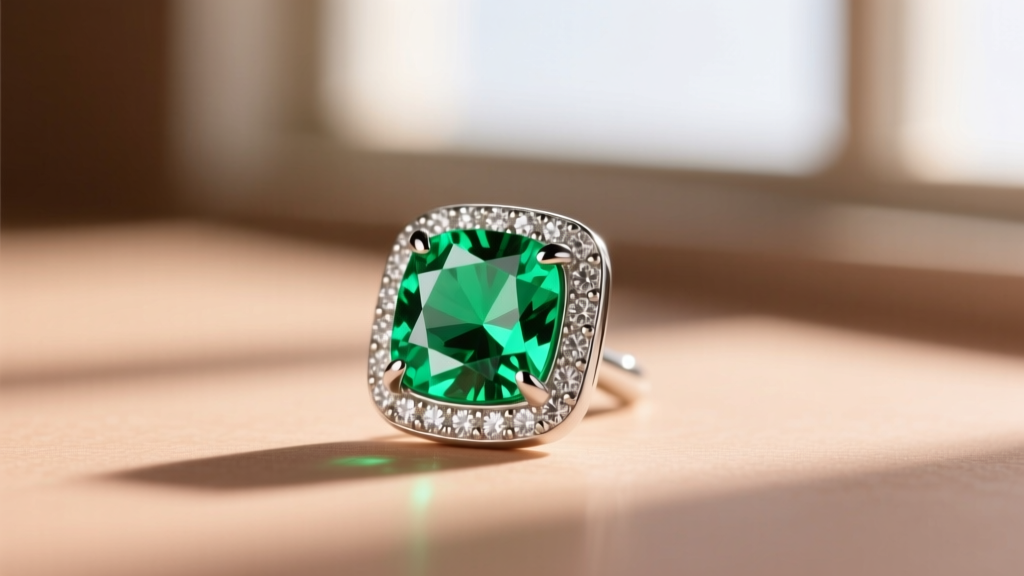Close-up of a 2-carat tsavorite garnet stud in a platinum bezel setting, vivid neon green saturation against a soft skin tone