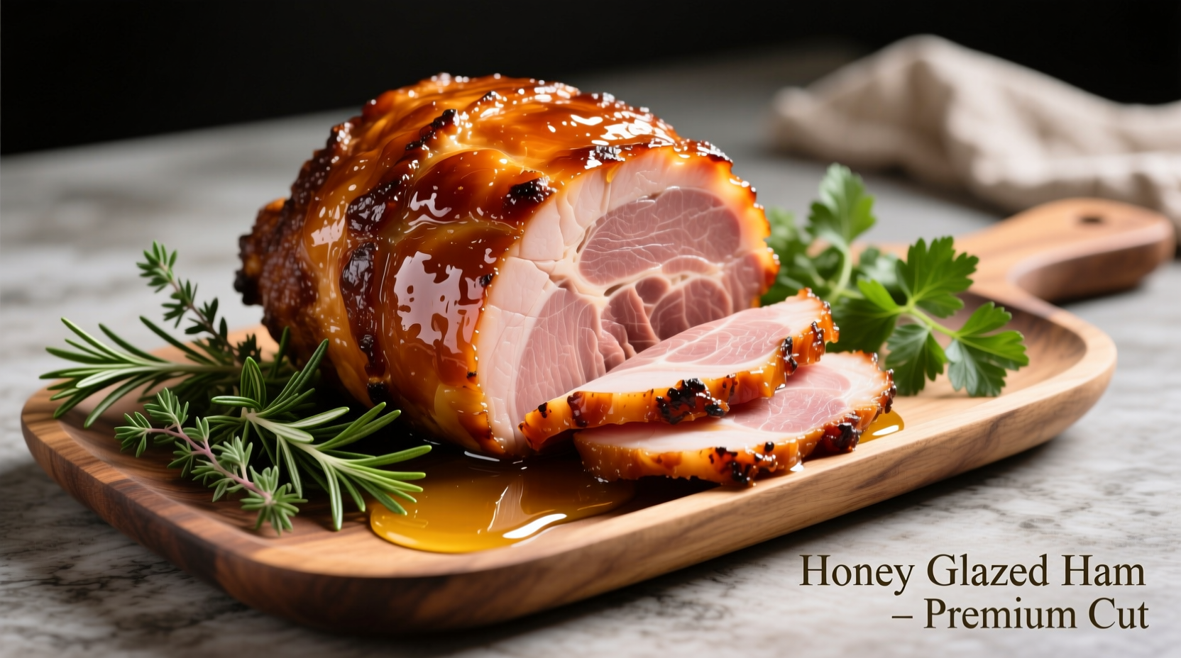 Perfectly glazed honey ham on serving platter with fresh herbs