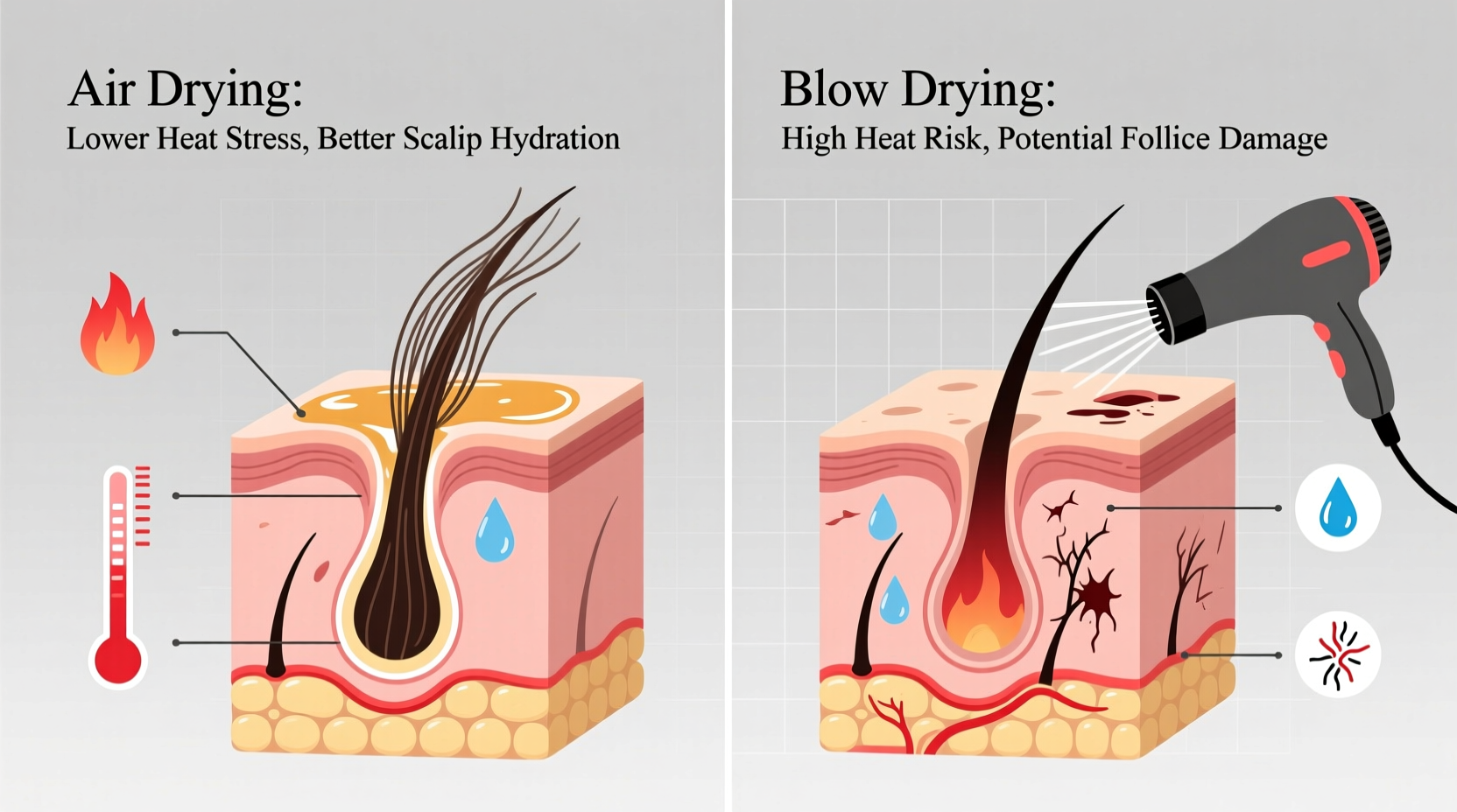 is air drying hair better than blow drying for long term scalp health